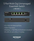 Five Port 2.5Gbps Multi Gig Unmanaged Ethernet Switch front and back, desktop or wall mount, metal case, plug and play ports.