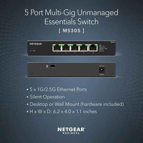 Five Port 2.5Gbps Multi Gig Unmanaged Ethernet Switch front and back, desktop or wall mount, metal case, plug and play ports.