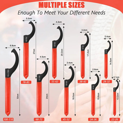 Nine Piece Adjustable Coilover Wrench Set for Suspension And Shock Adjustments displayed in six sizes with rubber handles