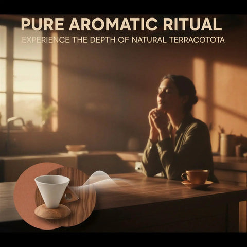 Reliable Terracotta Pour Over Coffee Dripper Set With Solid Wood Handle, Conical Ceramic Filter Holder on a wooden countertop.