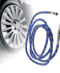 Badass Braided Air Hose Adapter Connector Fitting Fits Spray Gun Tool Kit Flexible PE Material Extension Link 1 8 Meters Length For Air Compressor System Totally Tough Build For Contractors Or Diy Guys Want Pro Flow No Leaks While Painting Walls blue braided hose with metal fittings next to wheel