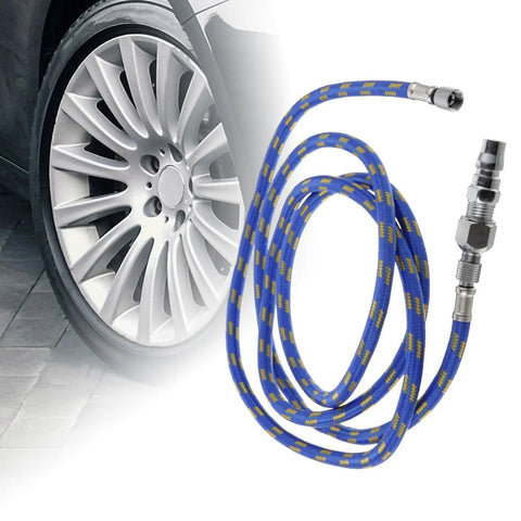 Badass Braided Air Hose Adapter Connector Fitting Fits Spray Gun Tool Kit Flexible PE Material Extension Link 1 8 Meters Length For Air Compressor System Totally Tough Build For Contractors Or Diy Guys Want Pro Flow No Leaks While Painting Walls blue braided hose with metal fittings next to wheel