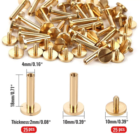 Premium Brass Chicago Binding Screws 4mm X 18mm With 10mm Phillips Nuts 25 Piece showing brass screws and dimensions for leather crafting.