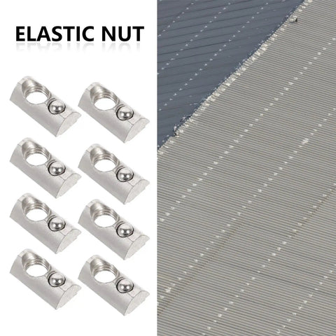 Twenty Piece Pro Grade Elastic T Nuts And Spring Loaded Fasteners For Aluminum Extrusions And 3D Printer Assemblies close-up of silver elastic nuts.