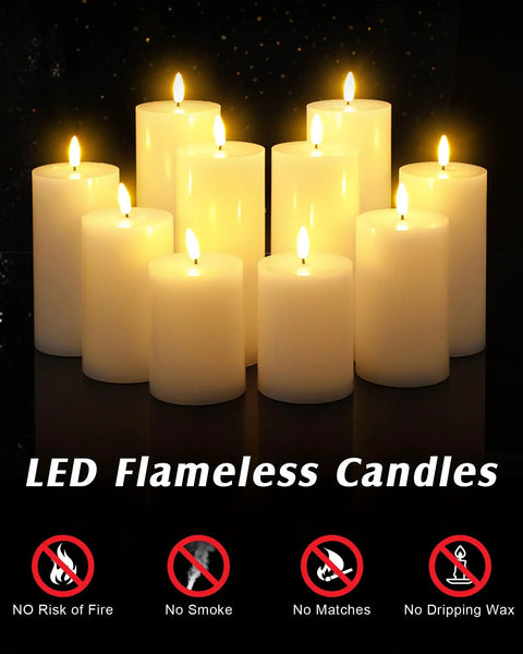 Flameless LED Pillar Candles With Remote And Timer, Battery Powered White Pillar Candles Flat Top, 10 Pack Set Ranging From 4 To 8 Inch Heights