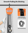 Front view of orange VEVOR hand chain hoist, 3-ton capacity with galvanized chain and hook