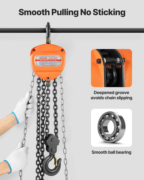 Front view of orange VEVOR hand chain hoist, 3-ton capacity with galvanized chain and hook