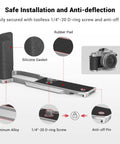 Z fc Handgrip L Shape Grip Holder for Nikon Z fc Camera With Retro Side Handle One Quarter Twenty Threaded Hole Cold Shoe Arca Compatible Quick Release Plate Lightweight and Comfy In Hand Silver Finish - close-up with installation details and components.