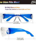 Crazy Good 168 Pack Safety Glasses Set With Seven Frame Colors, Unisex Clear Anti Scratch Protective Goggles, blue frame dimensions