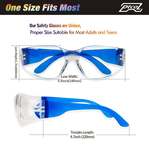 Crazy Good 168 Pack Safety Glasses Set With Seven Frame Colors, Unisex Clear Anti Scratch Protective Goggles, blue frame dimensions