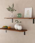 Wooden shelves supported by Set Of 4 Heavy Duty 6 Inch L Shaped Shelf Brackets Black Powder Coated Steel Quarter Inch Thick