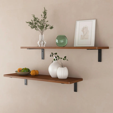 Wooden shelves supported by Set Of 4 Heavy Duty 6 Inch L Shaped Shelf Brackets Black Powder Coated Steel Quarter Inch Thick