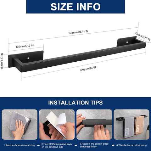 Stick On Stainless Steel Towel Bar 24 Inch Matte Black No Drill Wall Shelf Rack Hang On Towel Holder for Bathrooms and Modern Kitchens Rust Proof Durable Adhesive Base Easy Install Contemporary Style with size and installation steps
