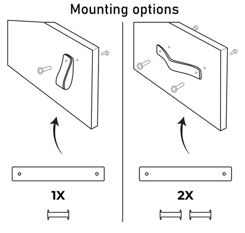 Diagram showing mounting options for Black Leather Drawer Pulls Set Of 2 Six And A Half Inch Length By One Inch Width Leather Handles