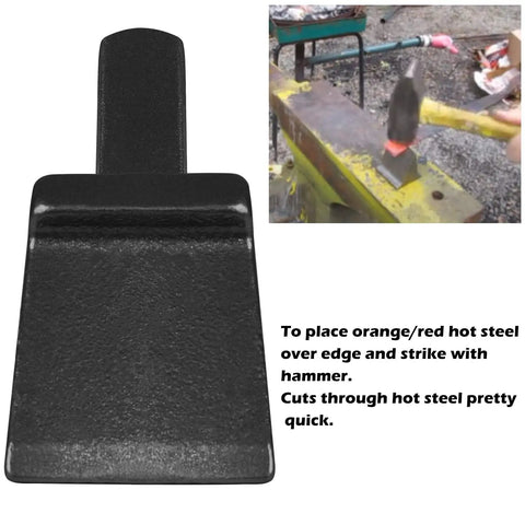 Anvil Hardy Cutter Tool Three Quarter Inch Shaft for hot cut work, showing steel edge and hammer strikes during blacksmithing