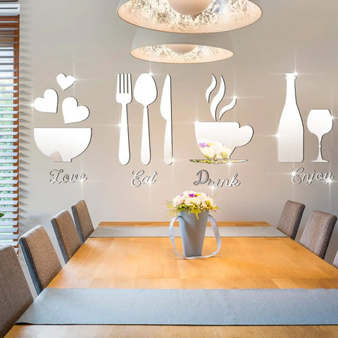17 Piece Kitchen Wall Decor Acrylic Mirror Wall Stickers Set with Eat Drink Love and Enjoy Utensil Motifs in dining room