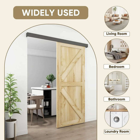 8 Ft Barn Door Sliding Hardware Track Kit installed in a modern interior with a wooden door, suitable for living rooms and bedrooms.