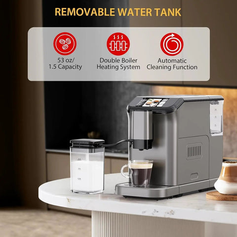 Fully Automatic Espresso Machine Delivering Knockout Crema With 20 Bar Pump Pressure Built In Burr Grinder And Straight Up Easy Milk Frother For Smooth Cappuccino And Iced Coffee Sips on kitchen counter with removable water tank, glass milk container, and double boiler.
