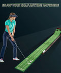 Woman putting on Portable Indoor Golf Putting Mat With Ball Included, wrinkle free surface, solid wood build. Perfect for any space