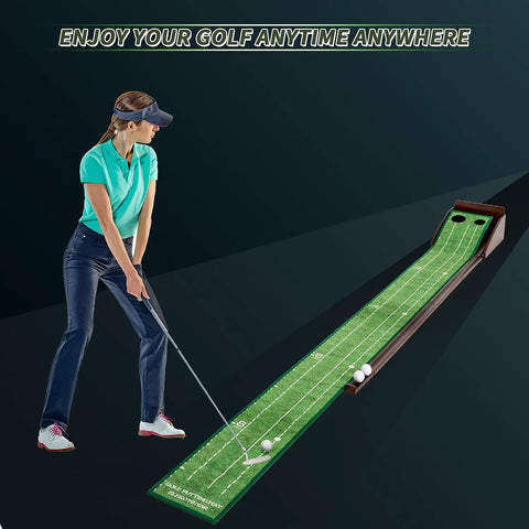 Woman putting on Portable Indoor Golf Putting Mat With Ball Included, wrinkle free surface, solid wood build. Perfect for any space