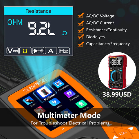 Power Circuit Tester Probe Kit Pro Grade For Automotive Use with oscilloscope mode and multimeter features displayed on screen.