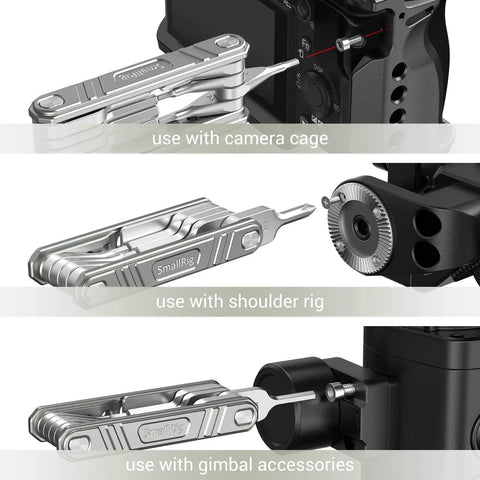 Universal Folding Tool for Videographers Nine In One Pro Grade Multi Tool Kit in use with camera cage, shoulder rig, gimbal accessories.