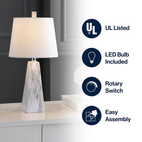White Marble Look Resin Table Lamp With Faceted Contemporary Design, Cool Bedside Lamp For Bedroom Or Living Room, UL Listed