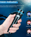 Hand holding Beast Mode Narrow Beam Dive Light For Night Dives And Snorkeling, 4 Modes, IPX8 Waterproof To 50m, battery indicators