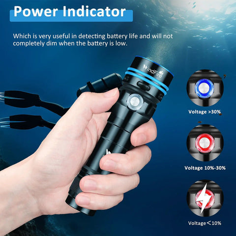 Hand holding Beast Mode Narrow Beam Dive Light For Night Dives And Snorkeling, 4 Modes, IPX8 Waterproof To 50m, battery indicators