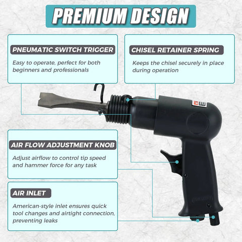 4500 BPM Air Hammer Kit With 150mm Stroke, 4-Piece Air Chisel And Scraper Set features pneumatic switch trigger