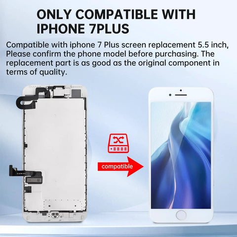 IPhone 7 Plus Screen Replacement Assembly 5.5 Inch With Home Button Front Camera Earpiece shown with compatibility note.