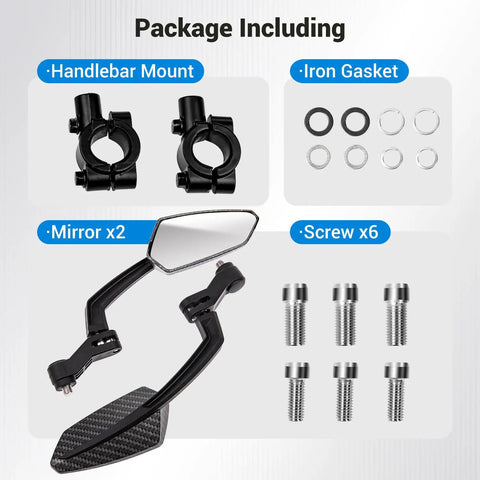 Package contents of Dope EBike Handlebars Mirror Set, 360 Degree Adjustable Bicycle Rear View Mirrors, 22.2mm Diameter, Black.