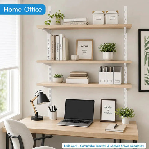 Home office with wooden desk and shelves supported by heavy duty 5 inch adjustable wire shelf brackets set of 10 for closet and wall shelving