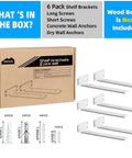 Box and contents of Six Inch Floating Shelf Brackets White 90 Degree Hidden L Shaped Heavy Duty Iron Hardware Includes Screws and Anchors.