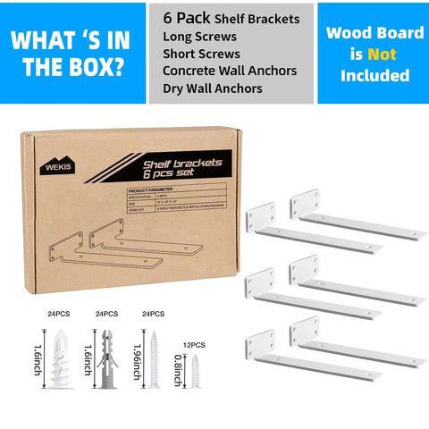 Box and contents of Six Inch Floating Shelf Brackets White 90 Degree Hidden L Shaped Heavy Duty Iron Hardware Includes Screws and Anchors.