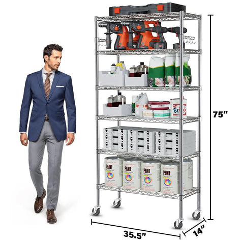 Beefy Heavy Duty Metal Rolling Shelving Unit With Wheels And 8 Hooks, 6000 Lbs Total Capacity, 6-Tier Adjustable Wire Rack For Garage, Kitchen, Pantry, Industrial, Workshop, Bathroom, Chrome 36W X 14D X 72H, 75" tall