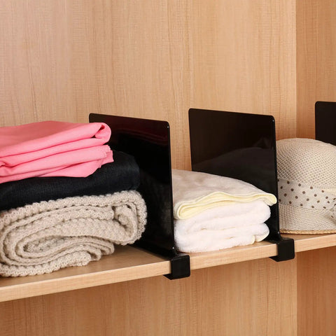Black Acrylic Shelf Dividers Eight Pack for Closets and Shelves organize clothes and hats on a wooden shelf