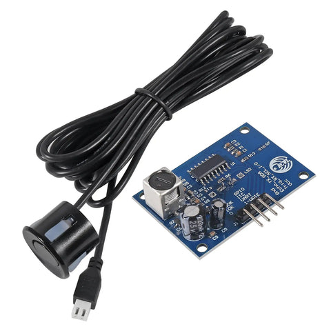Two Pack Waterproof Ultrasonic Distance Sensor Module V3.0 For Arduino 21 To 600 Cm 3mm High Precision Sealed Waterproof Probe For Outdoor Use Great For Car Reversing Security Systems And Industrial Projects, showing board and waterproof probe with cable.