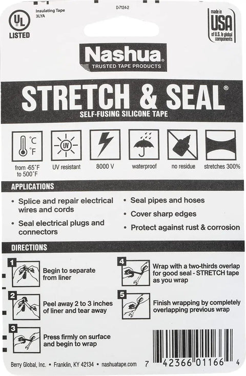 Nashua Stretch & Seal Self-Fusing Silicone Tape packaging with directions and applications for airtight waterproof seal.