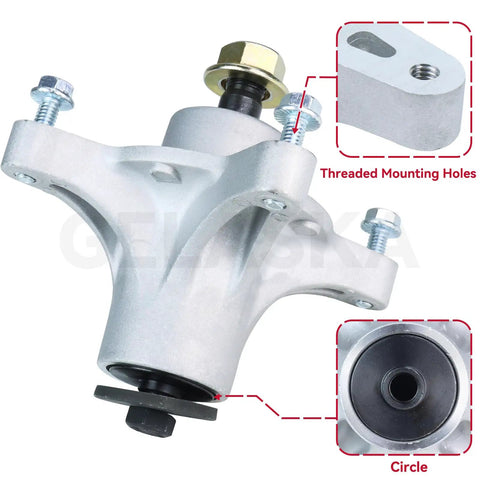 2 Pack Spindle Assembly With Pulley Set And Belt Replacement For Toro Timecutter 42 Inch Deck Ss4200 Ss4225 Ss4235 Includes 139 2433 Pulley 106 2175 Pulley And 119 8819 Belt showing a metal spindle assembly with threaded mounting holes.