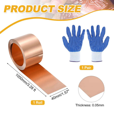 Copper Sheet Roll 3.28ft 1.57in 0.05mm Pure Copper Flashing Plate including cut-proof gloves