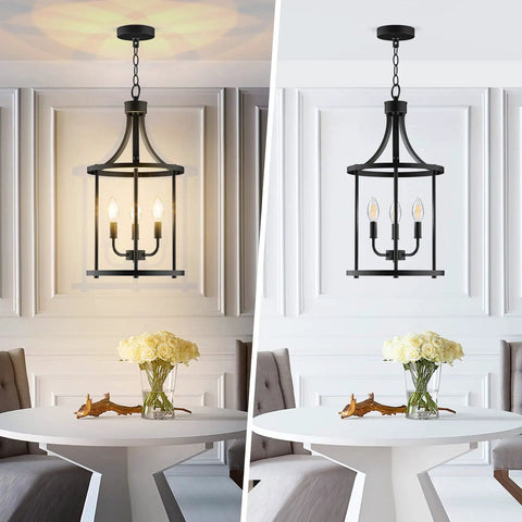 Dope 4 Light Pendant Fixture For Dining Room And Kitchen Modern Black Cage Lantern Chandelier in dining area