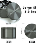 Large 3.0 Inch Spice Grinder For Kitchen Tools With Magnetic Lid, Ergonomic Design, Sharp Teeth, Gray Aluminum Finish, dimensions shown