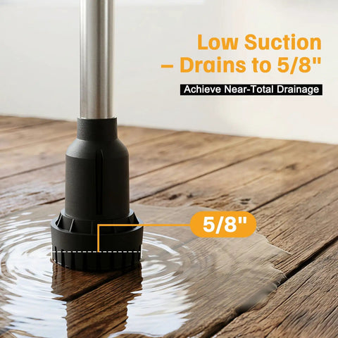 Brushless Cordless Stick Water Transfer Pump Go-To For 20V Max Battery Power 780 GPH Submersible Utility Pump close-up on wooden floor draining to 5/8"