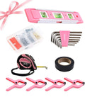 Pink Tool Set 218-Piece Home Improvement Kit For Women with tape measure, level, and small toolbox with ties and clamps.