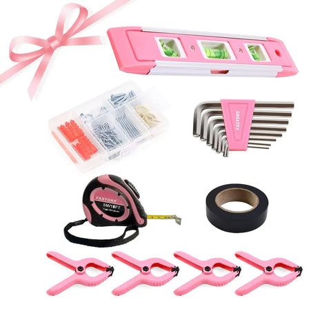 Pink Tool Set 218-Piece Home Improvement Kit For Women with tape measure, level, and small toolbox with ties and clamps.