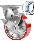 Heavy Duty Swivel Caster Set Of 4 With Dual Wheel Brakes And Rock Solid Industrial Rolling Support For Shop Equipment Holds Up To Four Thousand Pounds Total And Rolls Smooth Like Butter On Heavy Loads, showcasing a close-up of a single caster with red wheel and stainless steel body.