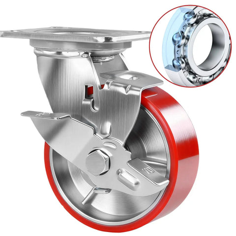 Set Of 4 Premium Heavy Duty Workbench Casters 5 Inch Swivel Plate Wheels showcasing dual ball bearings and locking brake.