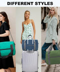Different styles of women with Underseat Carry On Duffle Bag 30L For Airplanes Foldable Travel Tote 18x14x8 Inches Navy Waterproof And Durable