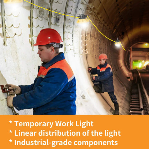 Construction workers using 50ft LED Construction String Lights With 5 Heads 10W Per Lamp 5000lm Outdoor Work Light in a tunnel.